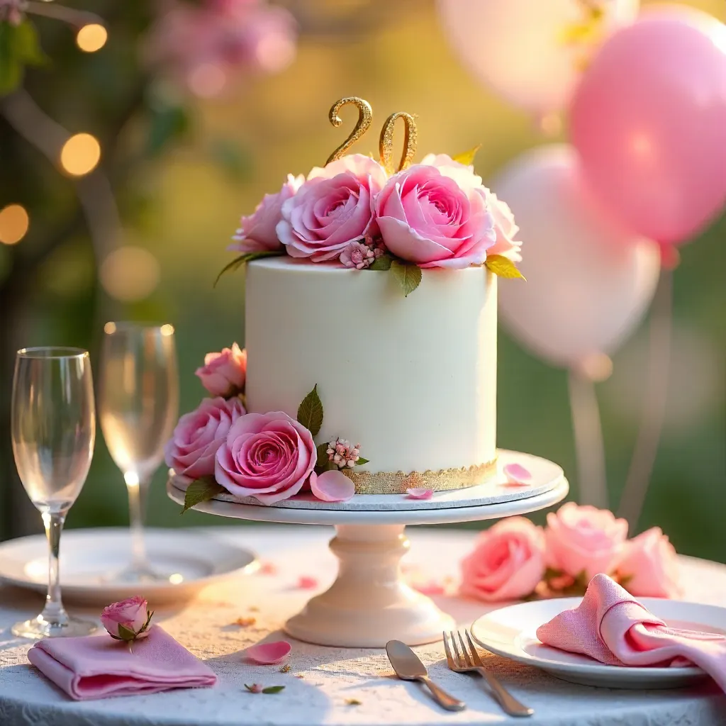 Pink Floral Birthday Cake on Festive Table