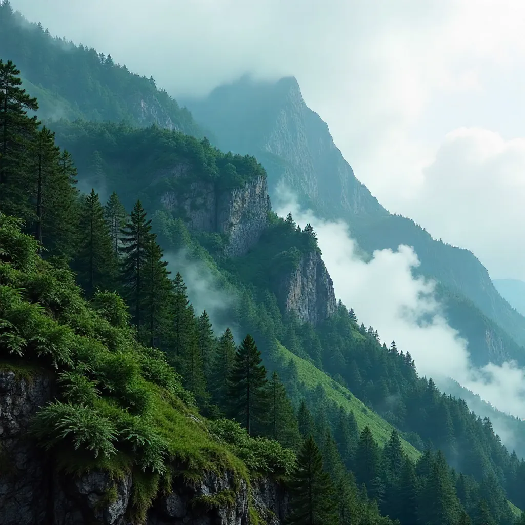Mist-Shrouded Mountain Slope in Dense Forest
