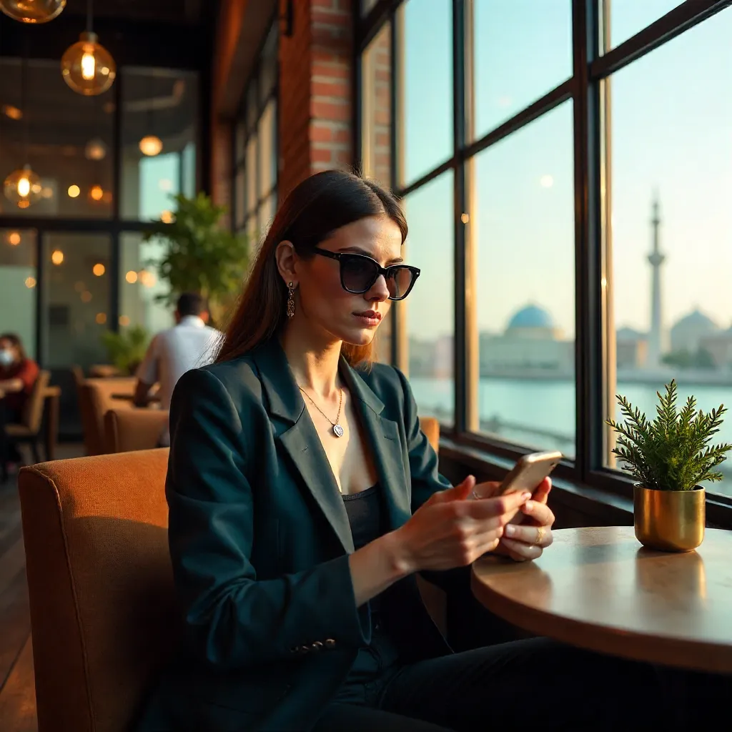Sunglasses-Wearing Stylist at a Trendy Baku Café