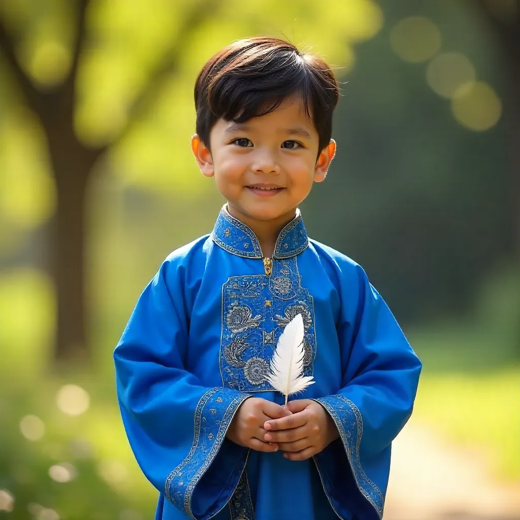 Blue Traditional Attire Boy with Feather Outdoors