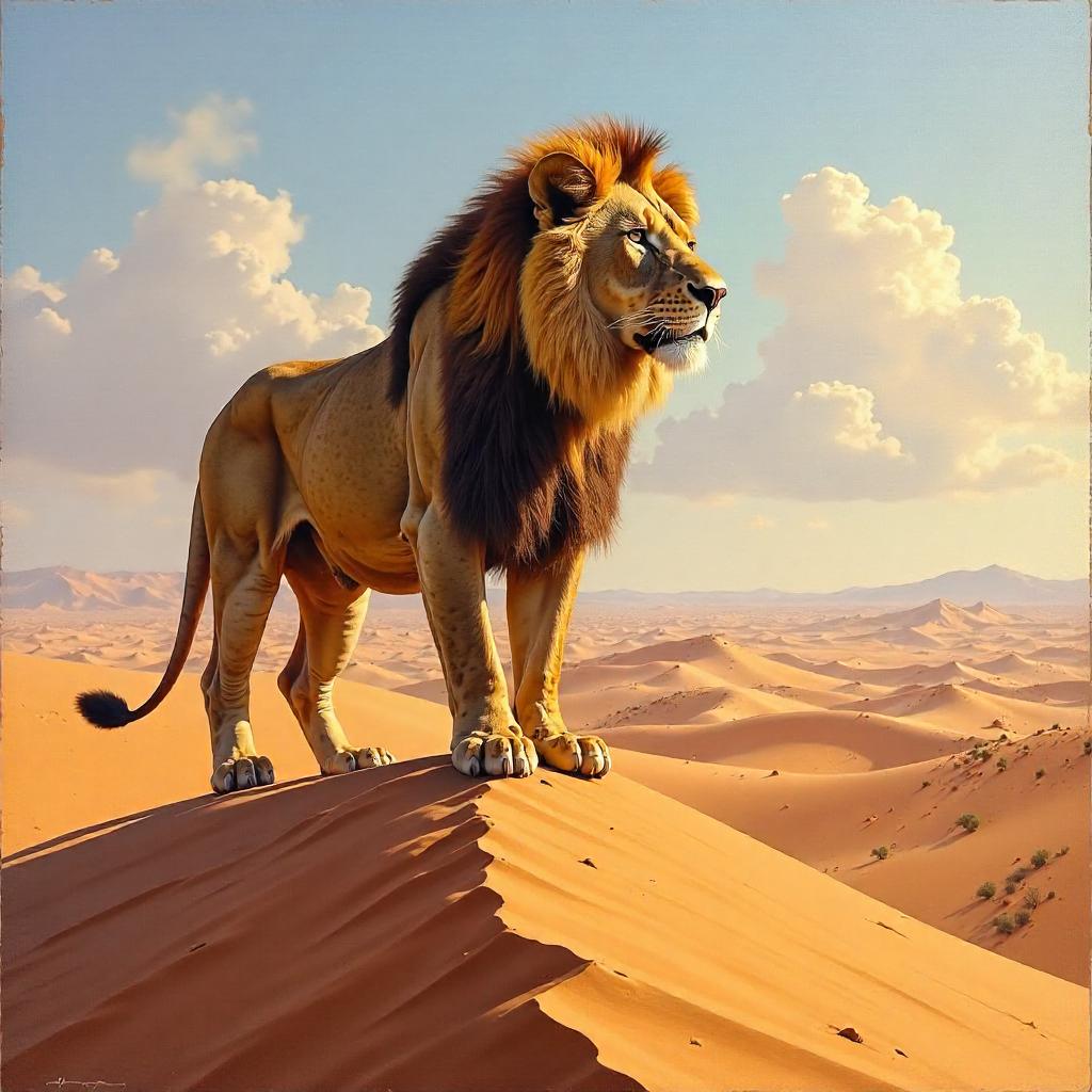 Majestic Lion in Sand Dunes — Oil Painting