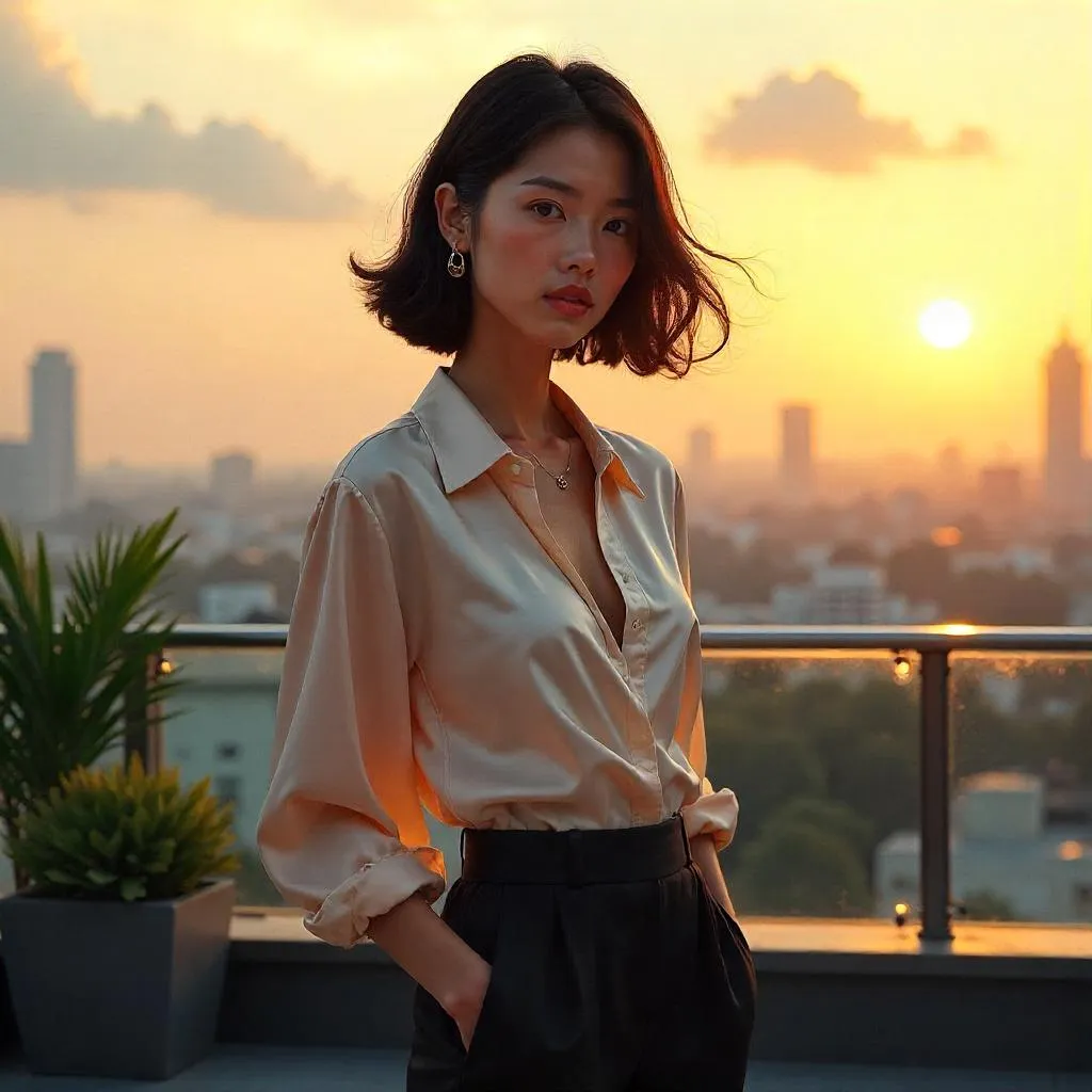 Elegant Asian Woman on Rooftop Concept Art