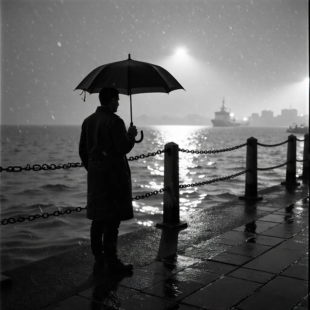 Umbrella Silhouette by the Rainy Waterfront