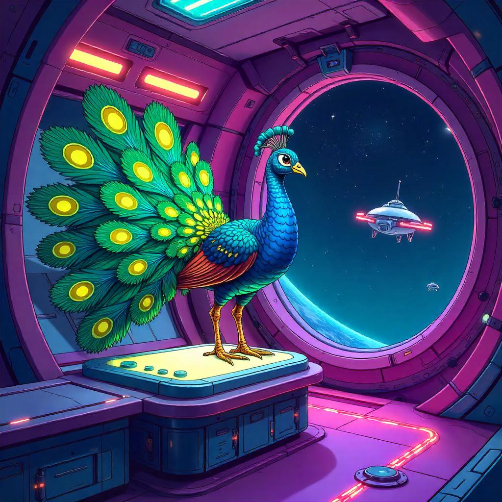 Cartoon Peacock in an Alien Ship Adventure