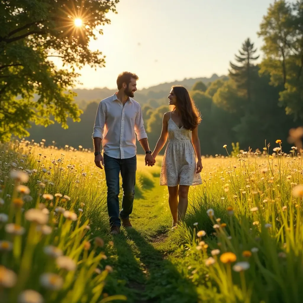 Golden Hour Meadow Walk: Lovers in a Sunlit Field