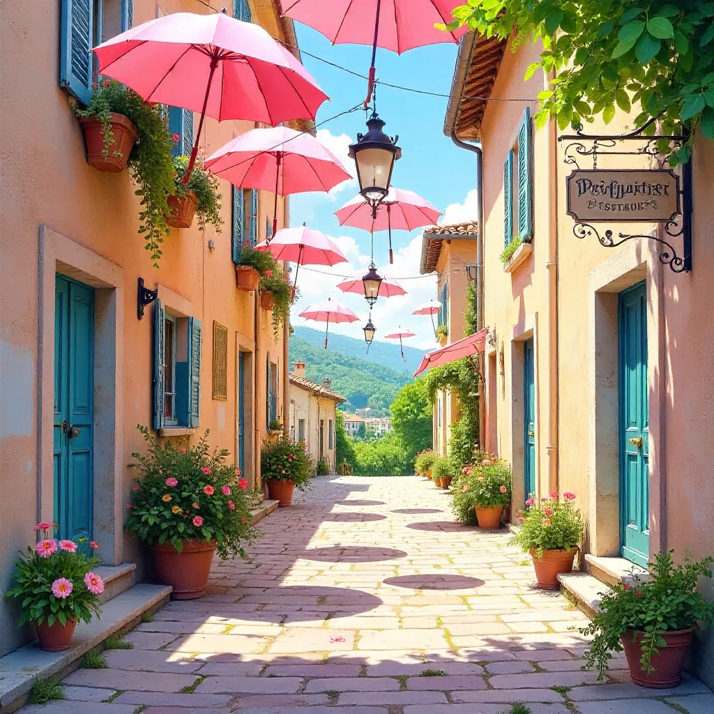 Whimsical Pink Umbrella Canopy over Grasse Street