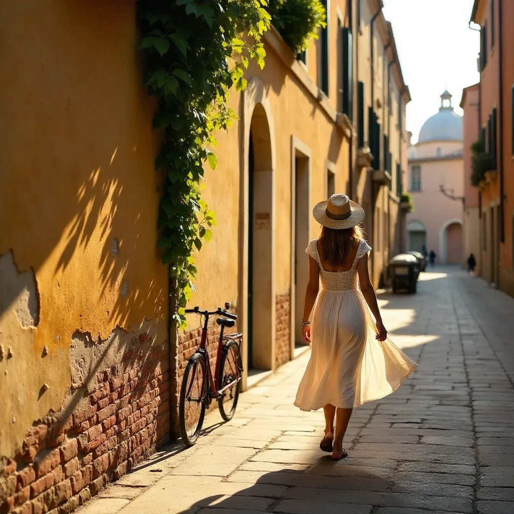 A Woman Walking by a Rustic Padova Wall, Veneto