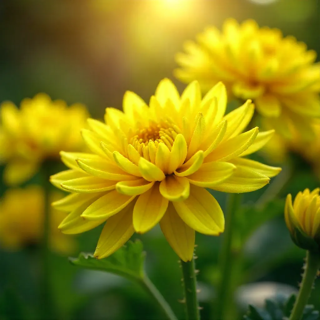 Macro Close-Up: Vibrant Yellow Chrysanthemums in a Green Garden