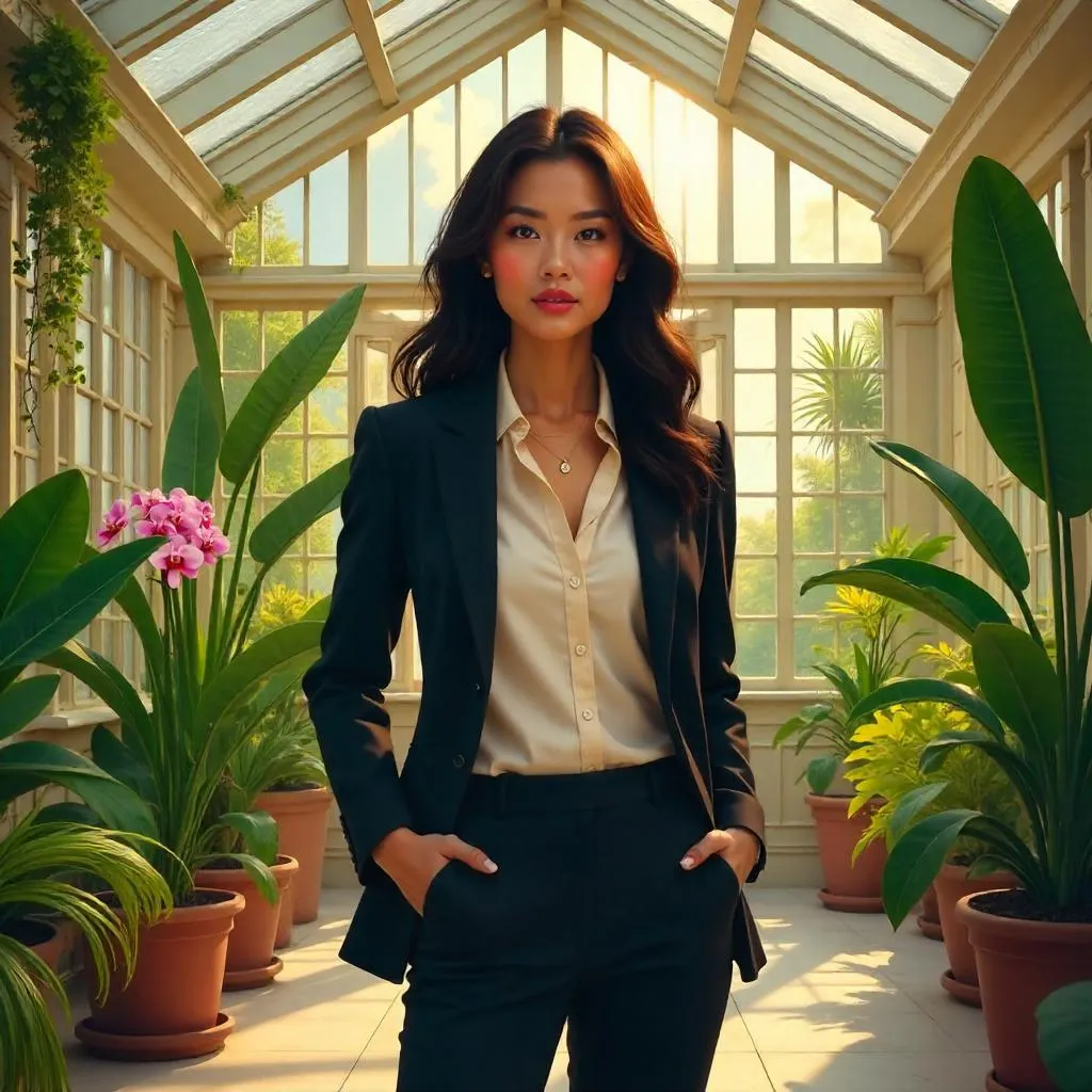 Confident Asian Woman in a Lush Conservatory
