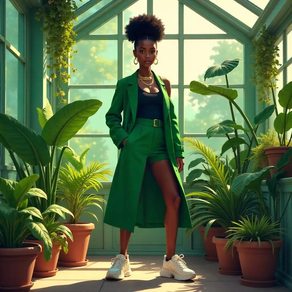 Stylish Black Girl in a Greenhouse – Digital Art