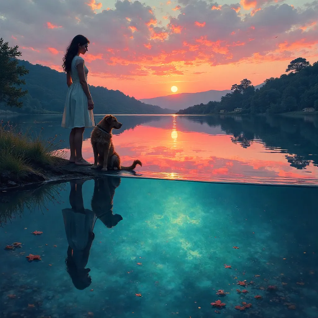 Surreal Reflections: Woman and Dog in Water