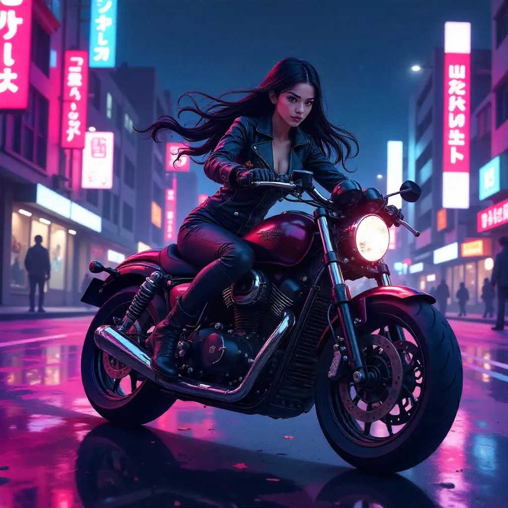 Neon Night Rider: Anime-Style Asian Woman on a Motorcycle