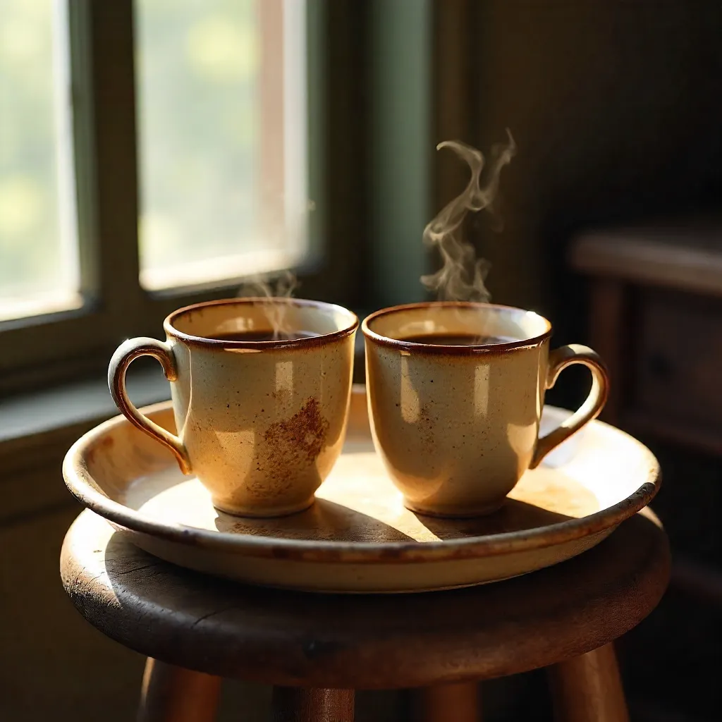 Two Rustic Cups on a Sunlit Wooden Tray
