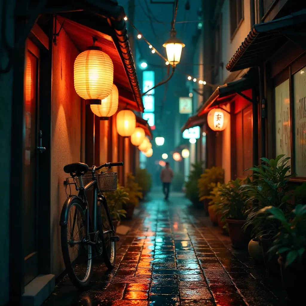 Night Alley Lanterns Illuminate a Bicycle