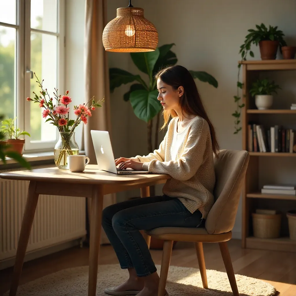 Cozy Home Office with Laptop, Flowers, and Woven Lamp