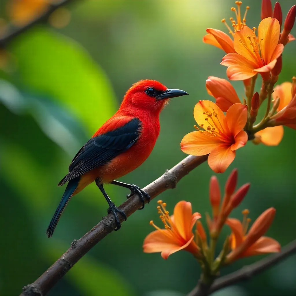 Scarlet-backed Flowerpecker Among Orange Blooms