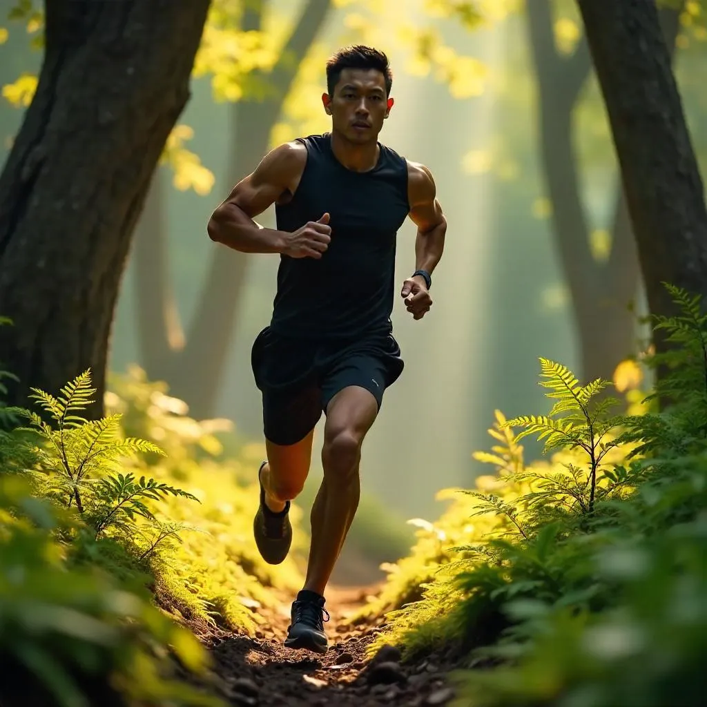 Athletic Asian Runner in a Sunlit Forest