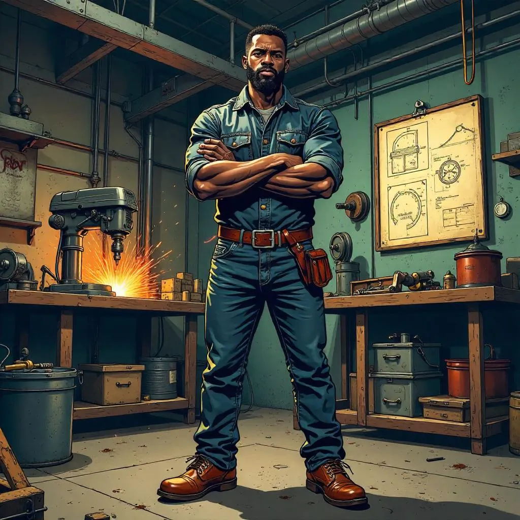 Confident Black Mechanic Hero in a Comic Workshop