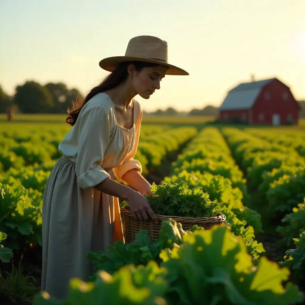 Sunlit Harvest: Woman in Straw Hat Gathering Greens