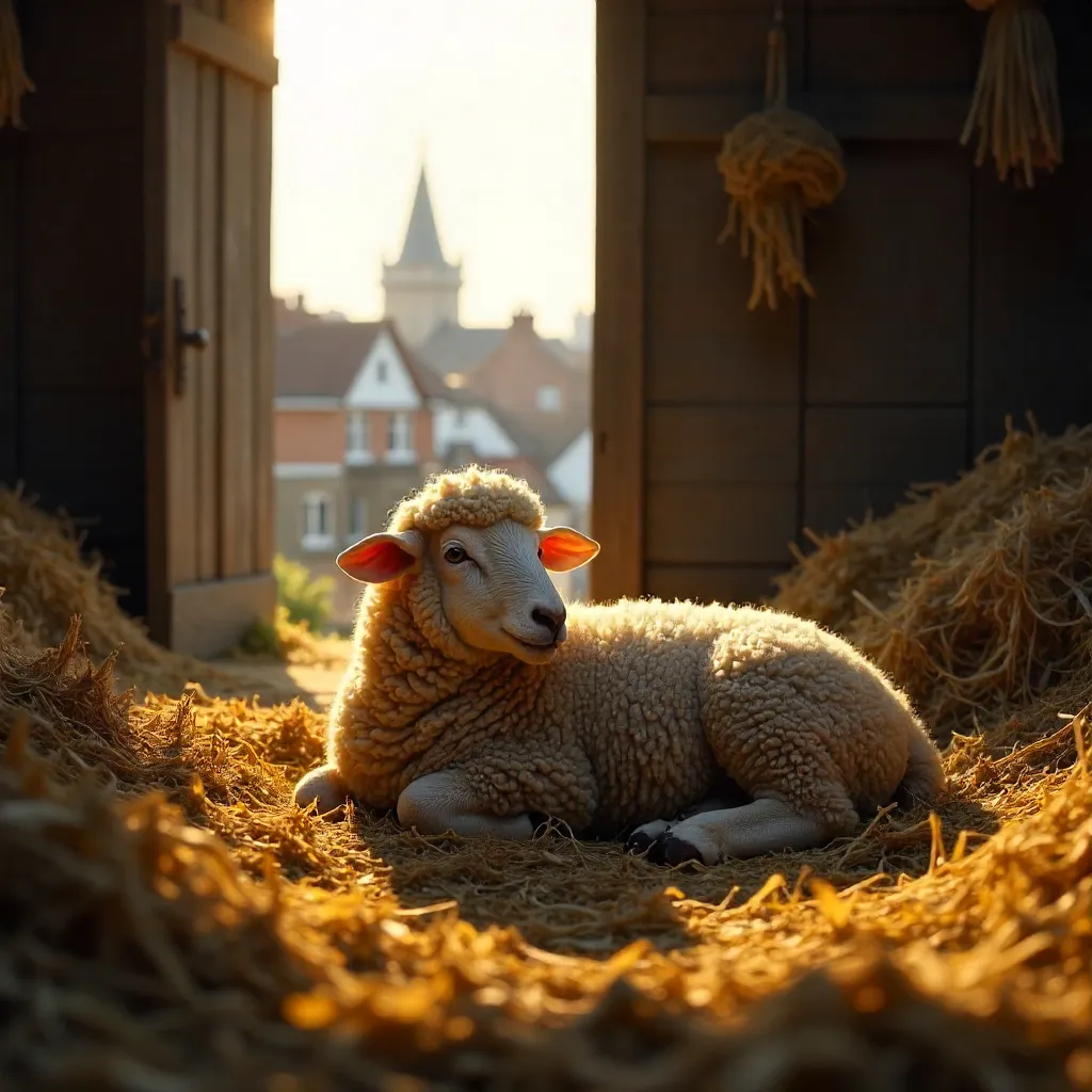 Sunlit London Barn Sheep on Golden Straw