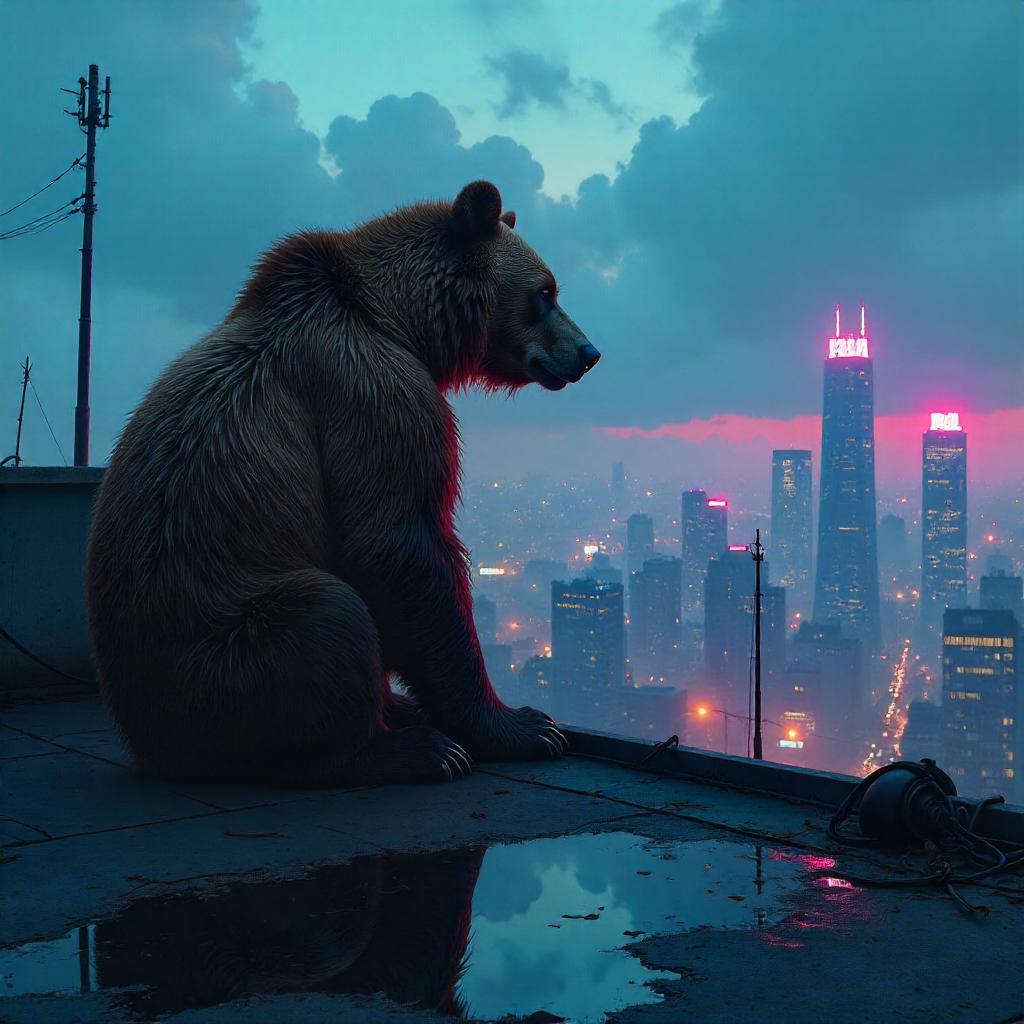 Bear on a Rooftop: Neon Dusk Digital Art