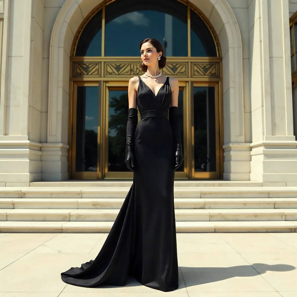 Glamorous Woman in Black Dress Before Art Deco Facade