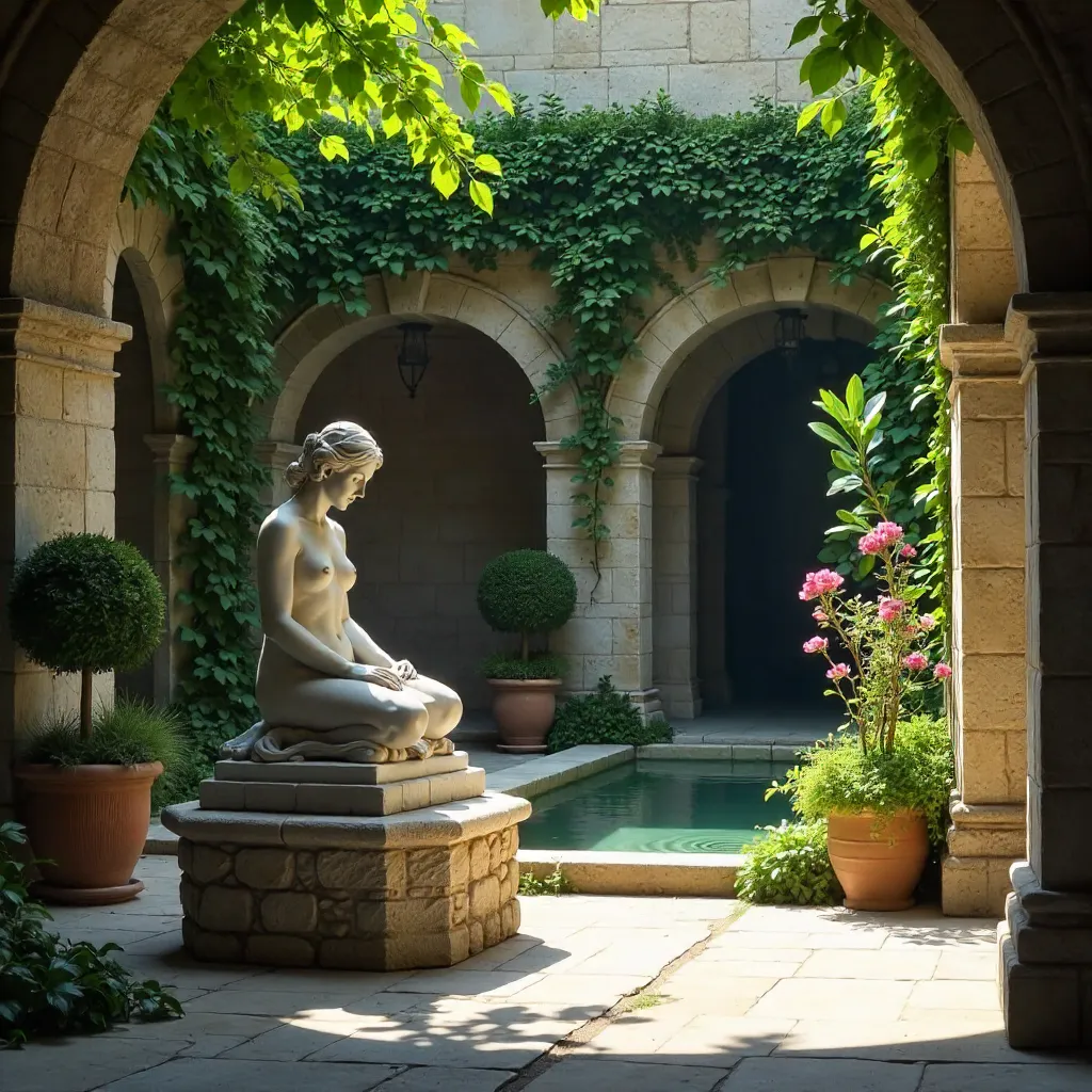 Serene Statue in a Lush Classic Courtyard