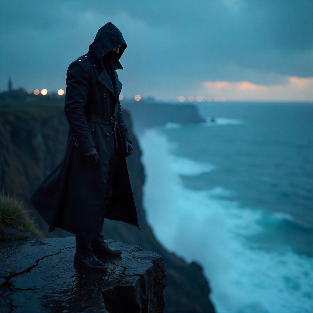 Photorealistic Assassin on a Cliff Edge at Blue Hour