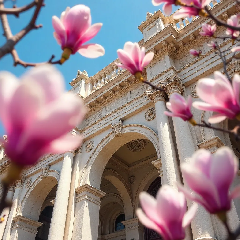Magnolia View of Ornate Architecture Under Blue Sky