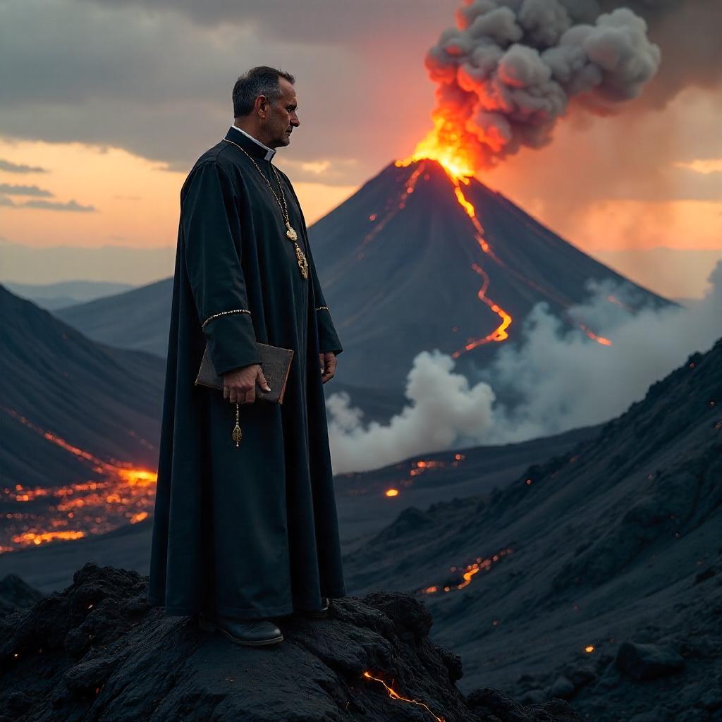 Photorealistic Priest in a Volcanic Landscape