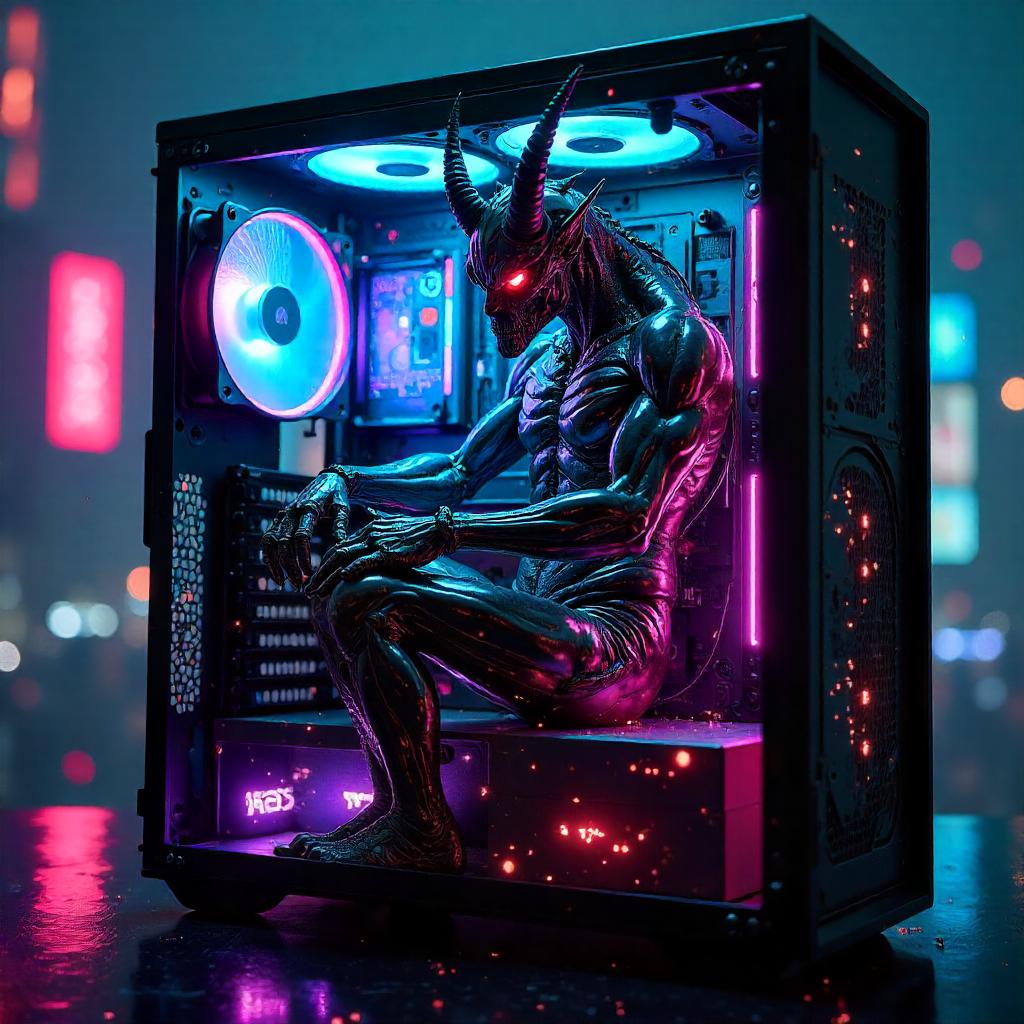 Neon Cyber-Demon in the Digital Core