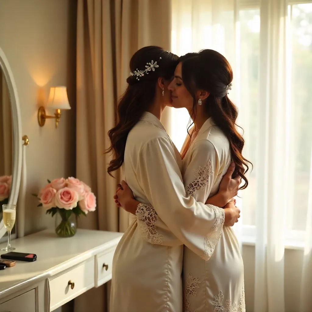 Bride Embraces Bridesmaids in Lace Robes