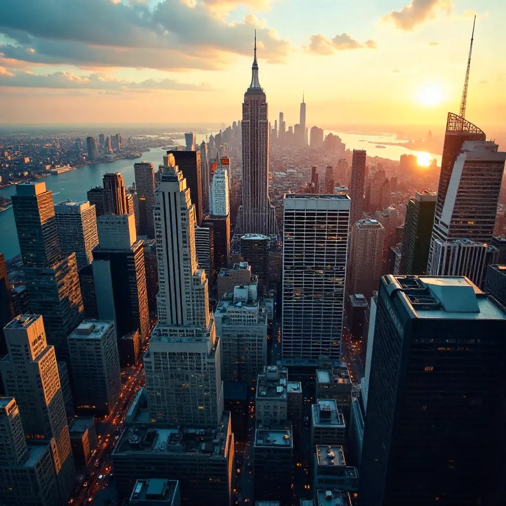 Golden Hour Aerial Skyline of Modern NYC