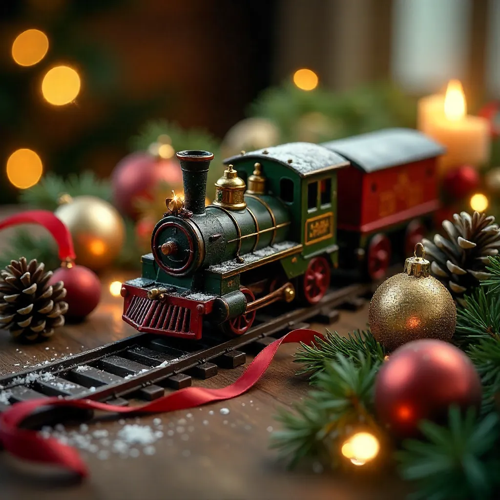 Festive Train and Pine Ornaments Still Life