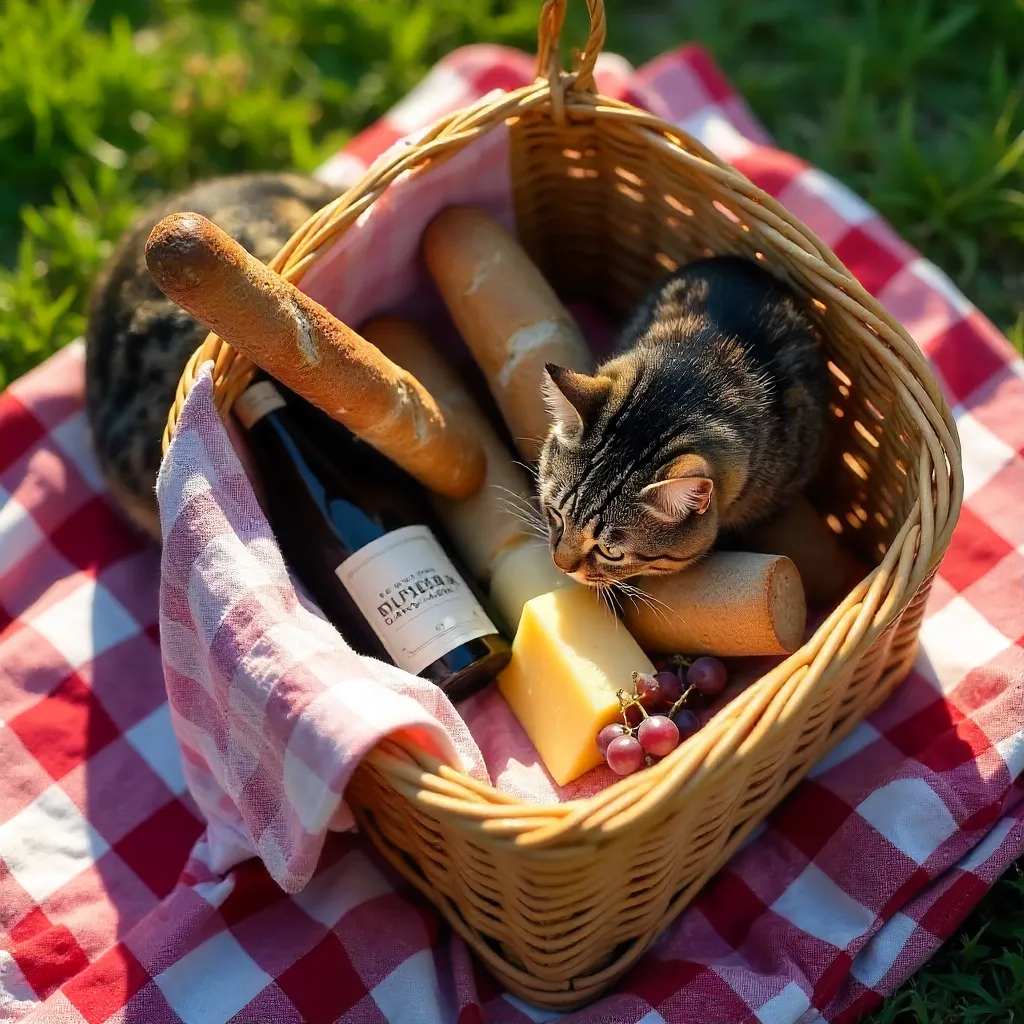 Top-Down Picnic: Basket, Bread, Wine, Curious Cat