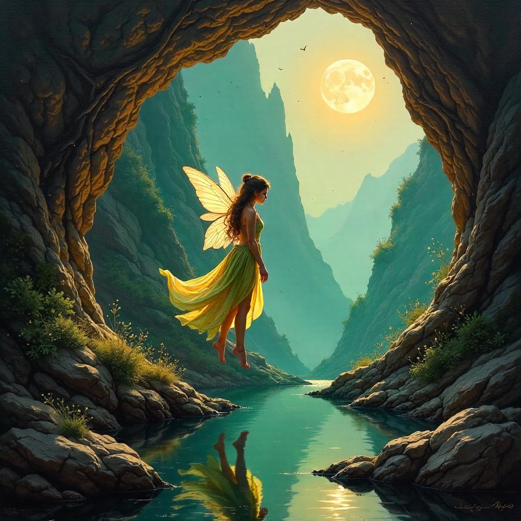 Fairy in a Mountain Cave — Oil Painting