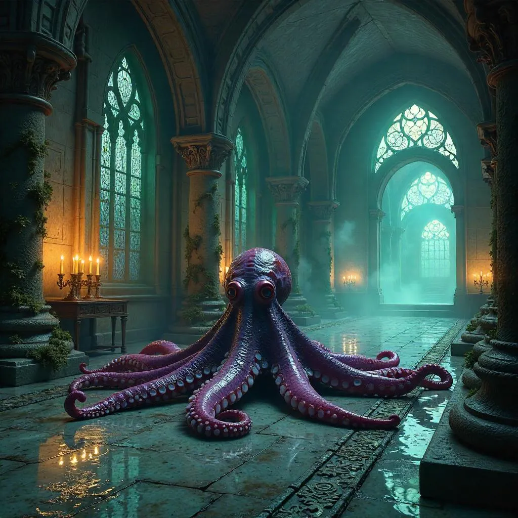 Photoreal Octopus in a Misty Enchanted Castle Hall