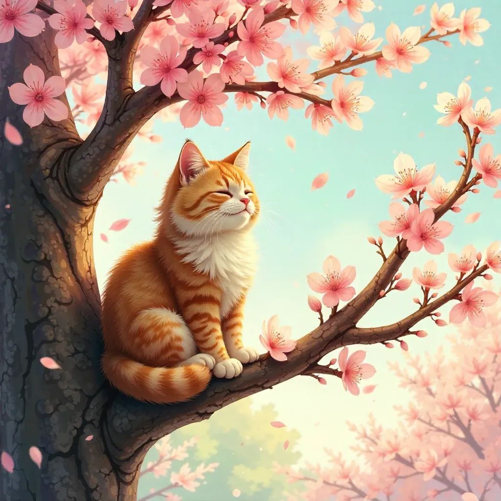 Cozy Cat in a Blooming Spring Tree