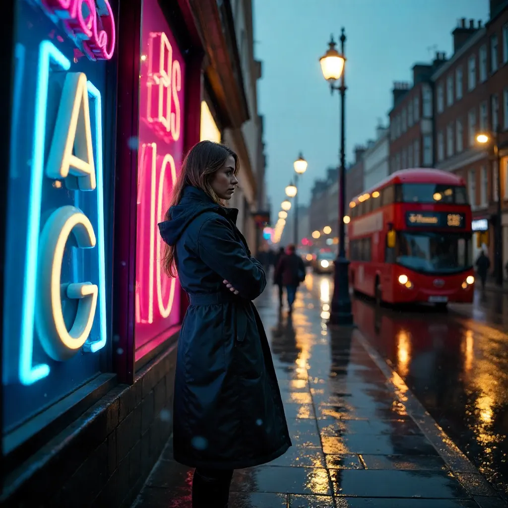 London Rain: Woman Shielding from a Colorful Sign