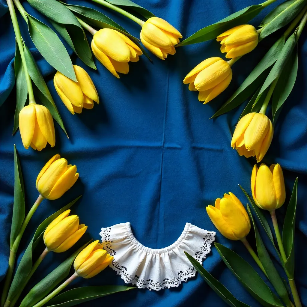 Vintage Flat Lay: Yellow Tulips on Blue Fabric & White Ruffled Collar