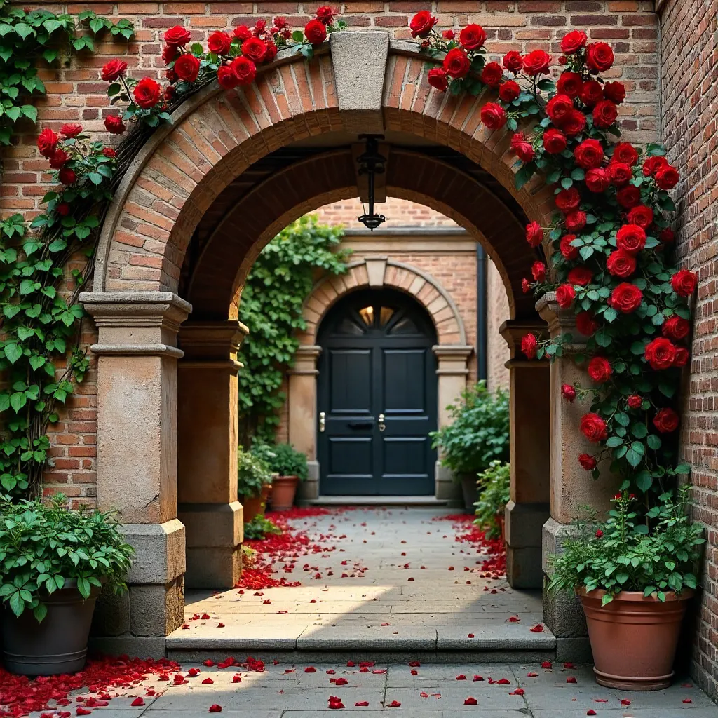 Vintage Brick Archway with Red Roses at a Classic Entrance