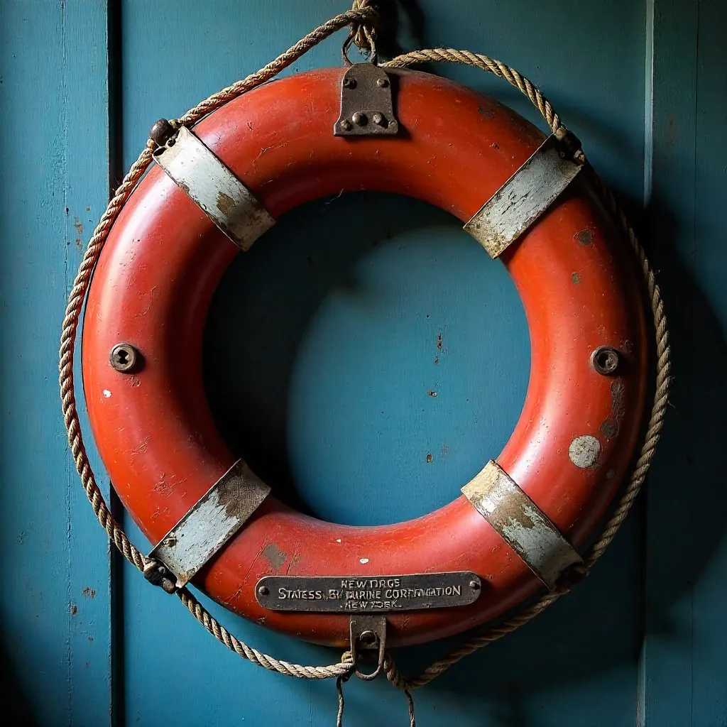 Vintage States Marine Life Preserver on Blue Wall