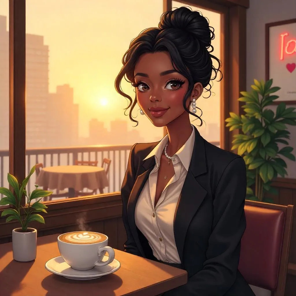 Elegant Black Woman in an Anime Cafe