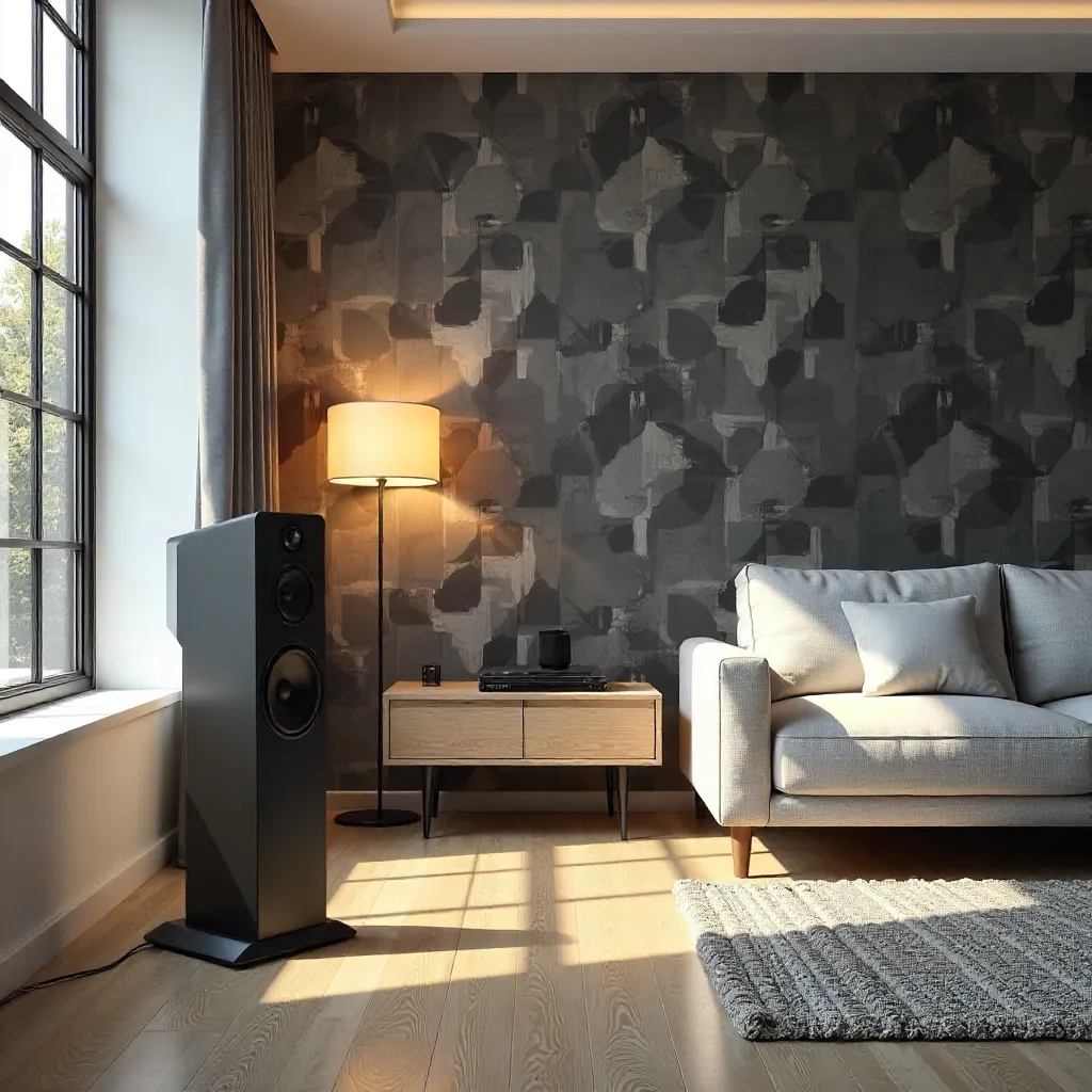 Contemporary Living Room with Geometric Wallpaper and Modern Speakers