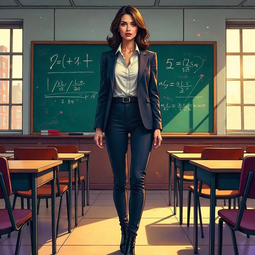 Stylish Caucasian Woman in a Comic Classroom
