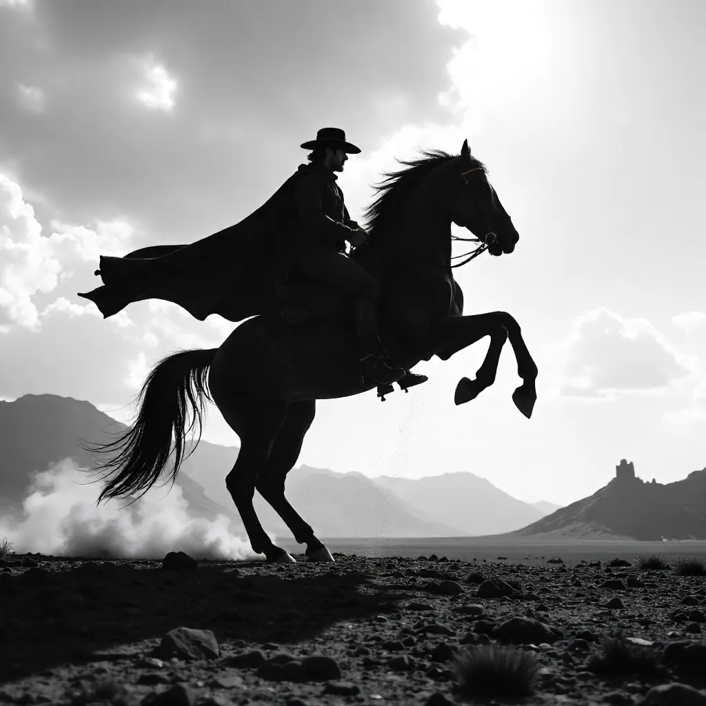 Silhouette of Rider on a Rearing Horse in Monochrome Landscape