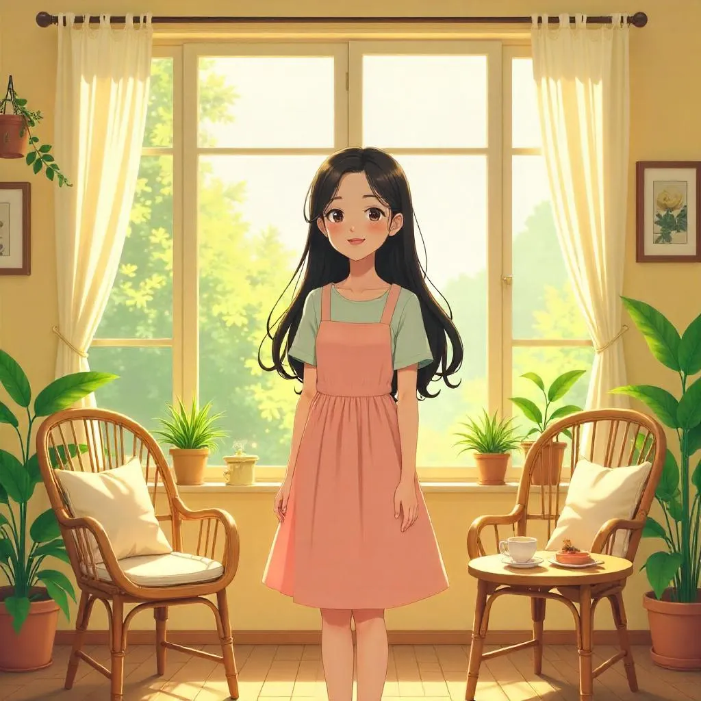 Cheerful Asian Woman in a Sunlit Anime Sunroom