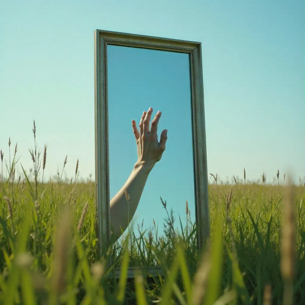 Hand Reaching Through a Mirror in Tall Grass