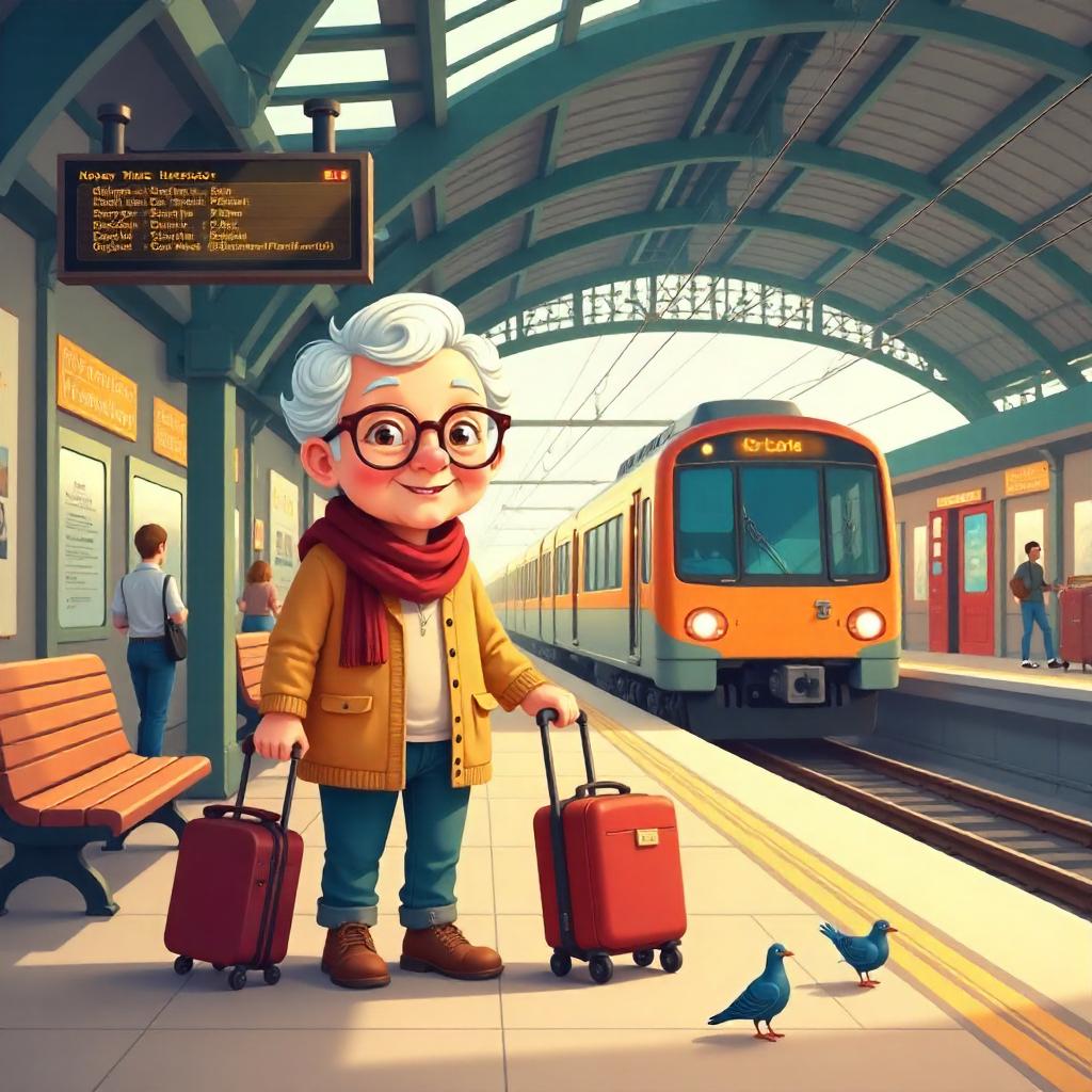 Warm Cartoon Elderly at a Busy Train Station