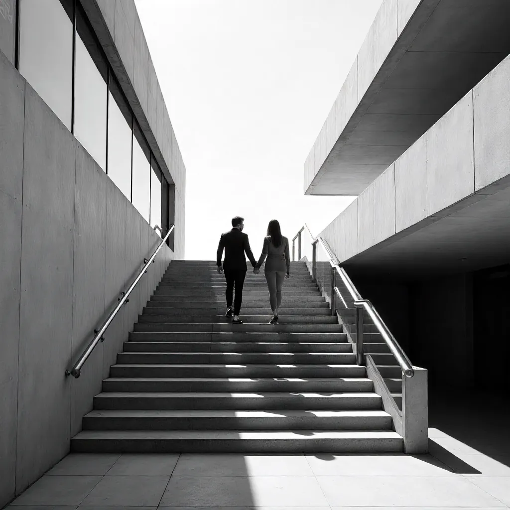 Monochrome Staircase: Couple in Modern Architecture